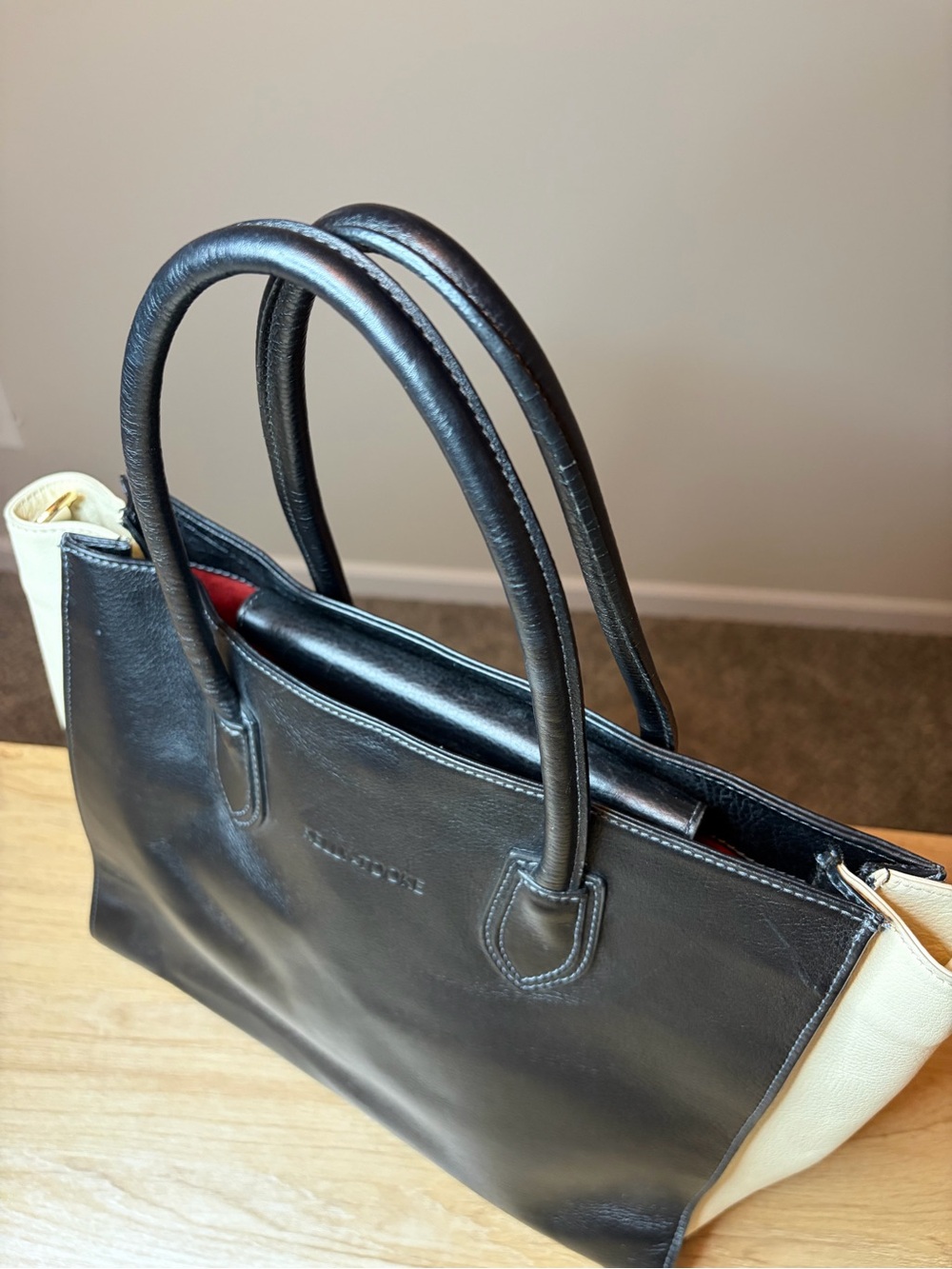 Kelly Tooke Designer Black and Cream Leather Tote Bag - Picture 3 of 13